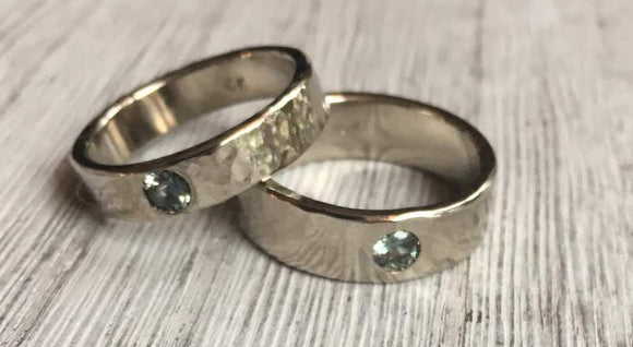 Wedding rings solid sterling silver diamond gemstone setting wide thick minimalist band hammered finish locally sourced handcrafted Canadian artist Juliet925